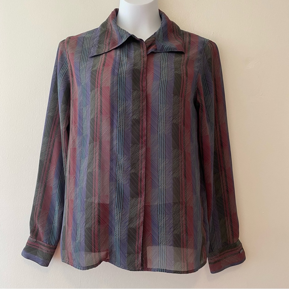 Vintage Stuart Lang blouse black red purple asymmetrical collar
